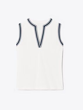 Tory Sport White Sleeveless Tunic Tank with Navy Trim